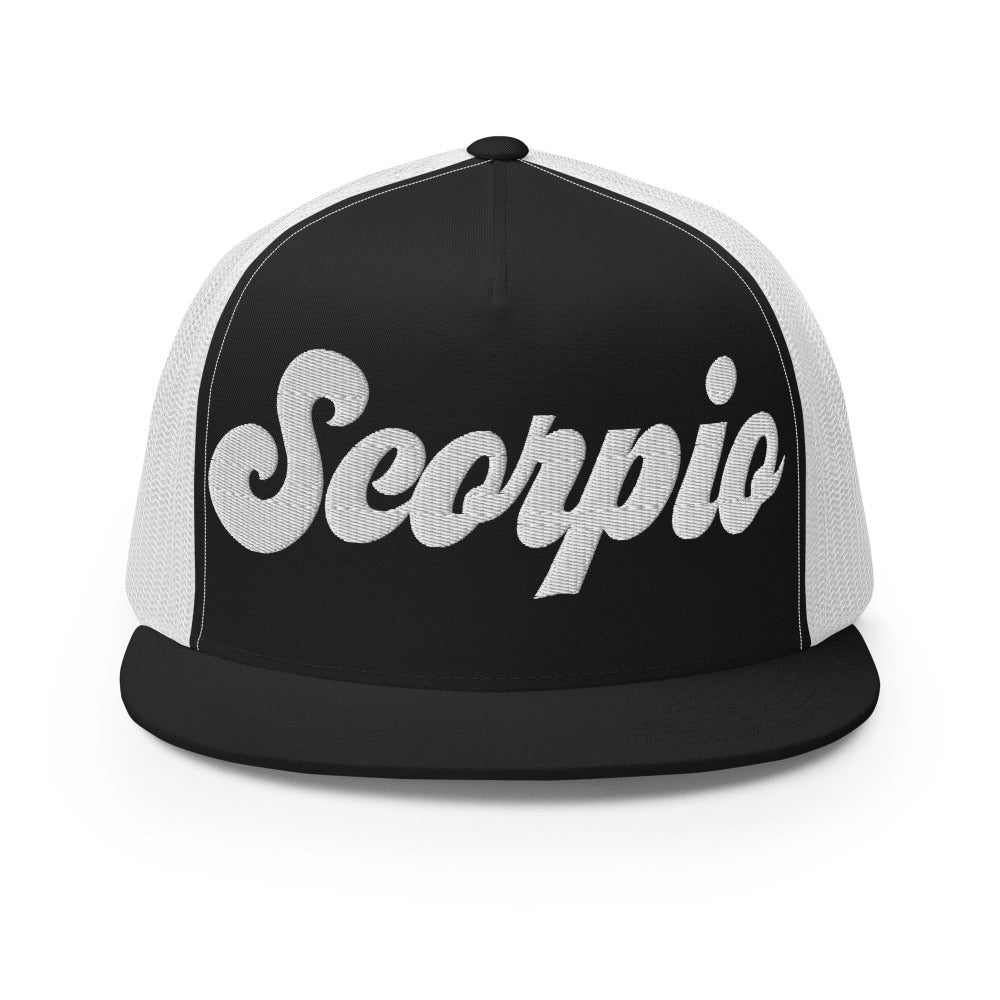 Scorpio Zodiac Embroidered Flat Bill Trucker Hat - Black/White Color - https://ascensionemporium.net