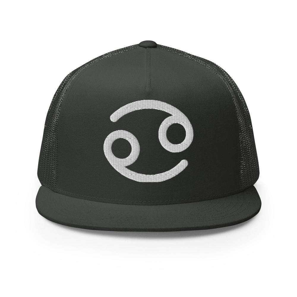 Cancer Zodiac Embroidered Flat Bill Trucker Hat - Charcoal Color - https://ascensionemporium.net