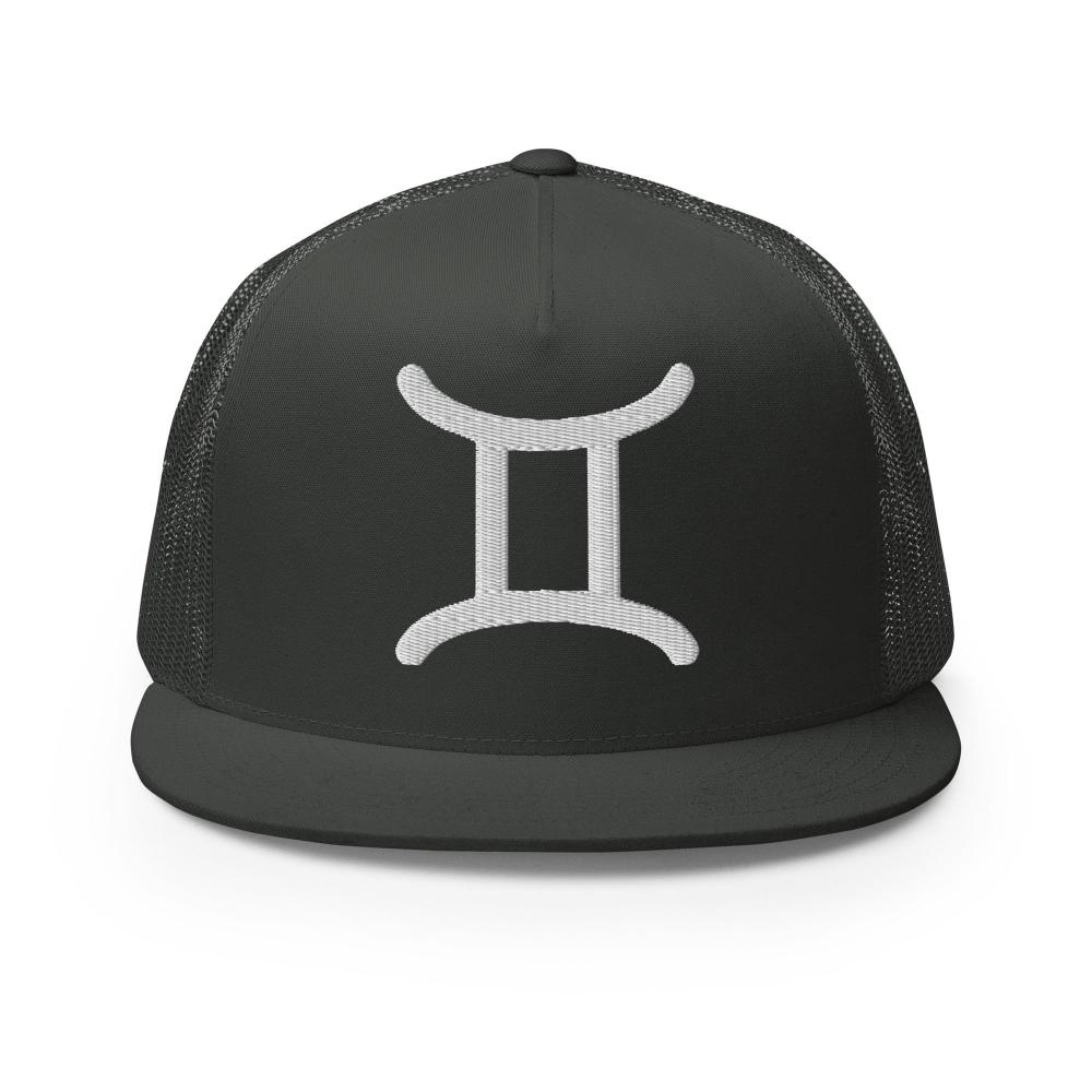 Gemini Zodiac Embroidered Flat Bill Trucker Hat - Charcoal Color - https://ascensionemporium.net