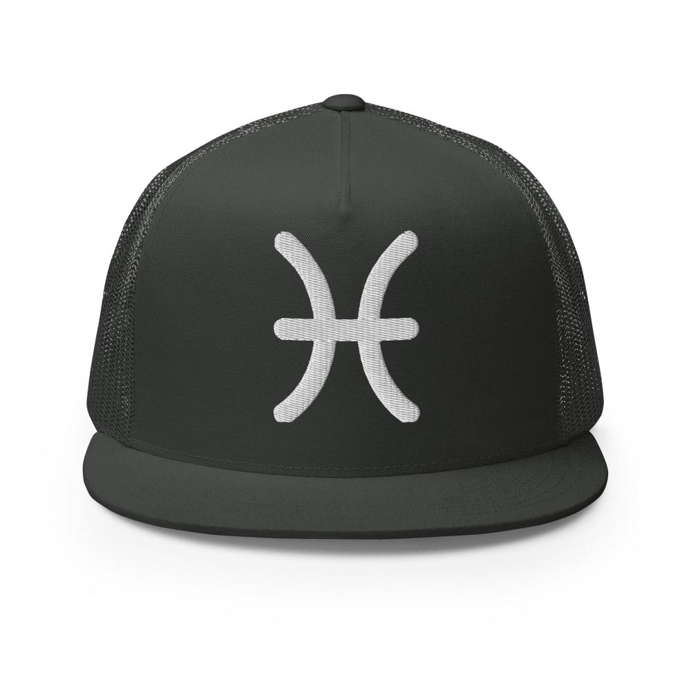 Pisces Zodiac Embroidered Flat Bill Trucker Hat - Charcoal Color - https://ascensionemporium.net