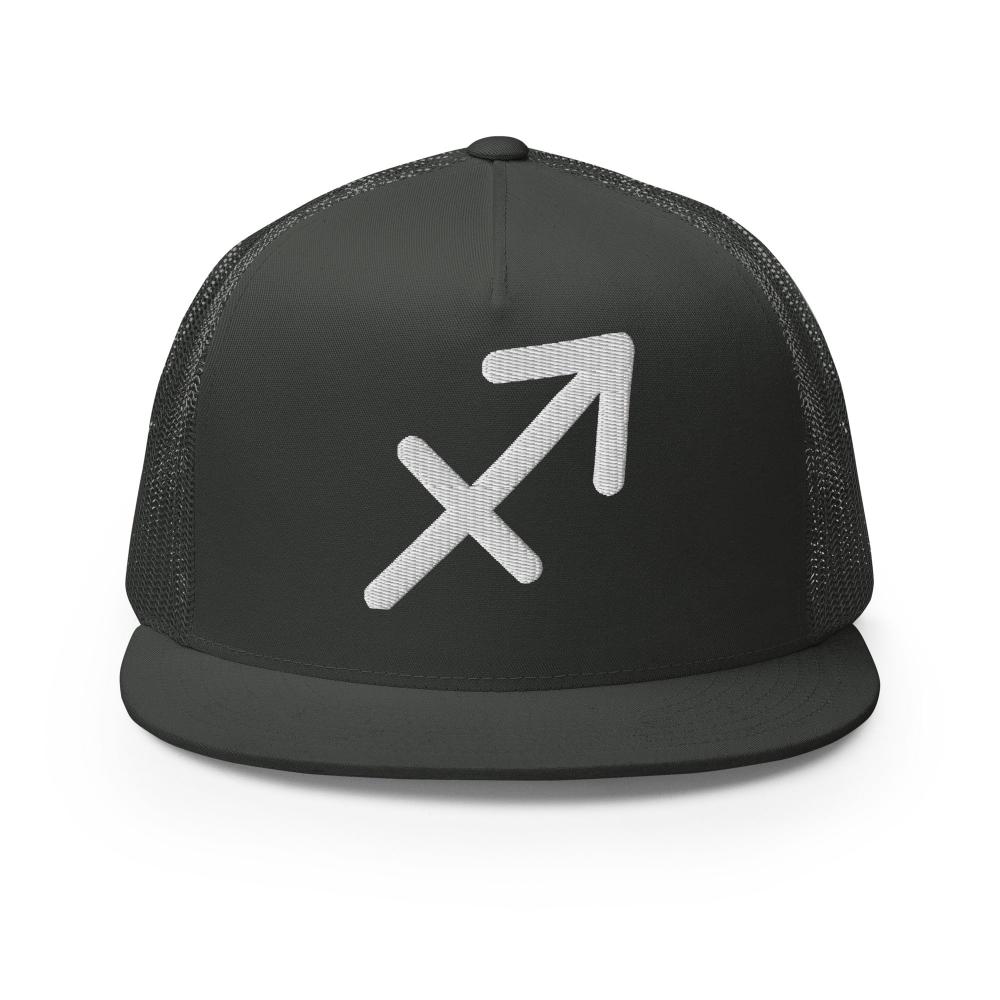 Sagittarius Zodiac Embroidered Flat Bill Trucker Hat - Charcoal Color - https://ascensionemporium.net