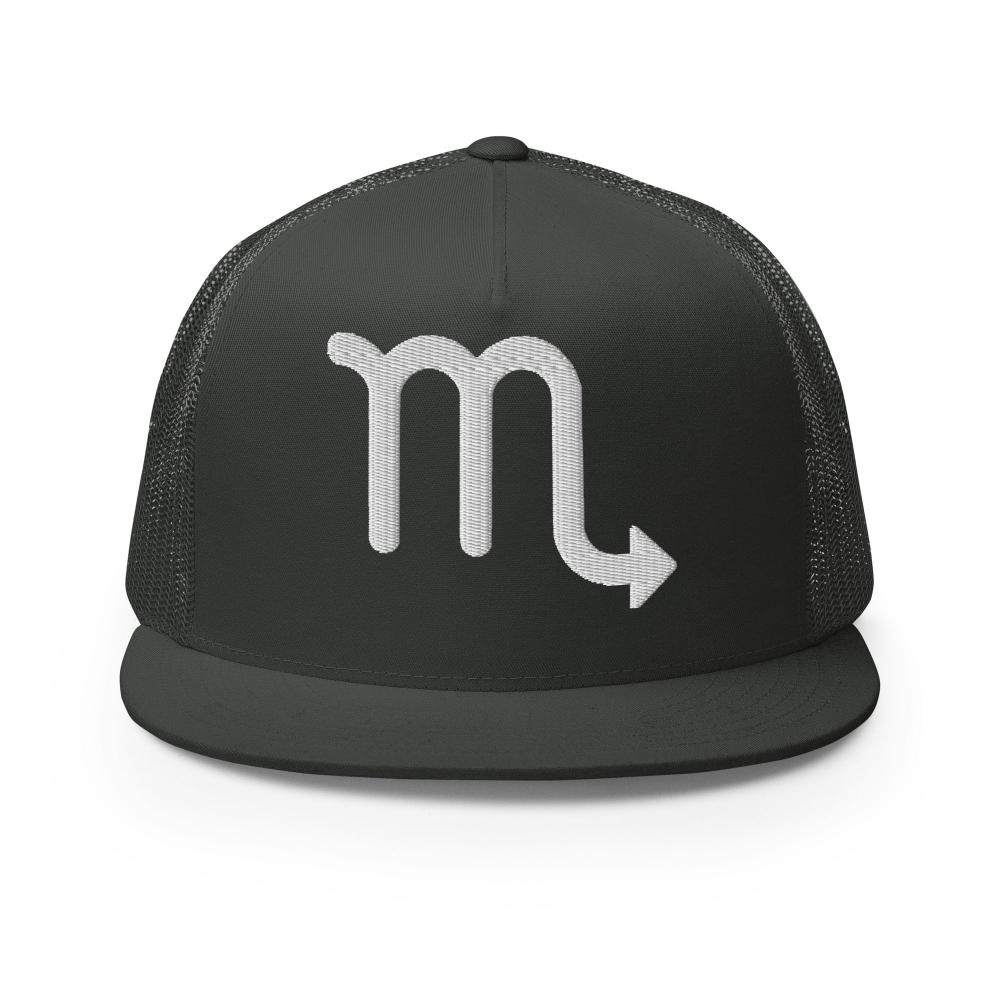 Scorpio Zodiac Embroidered Flat Bill Trucker Hat - Charcoal Color - https://ascensionemporium.net