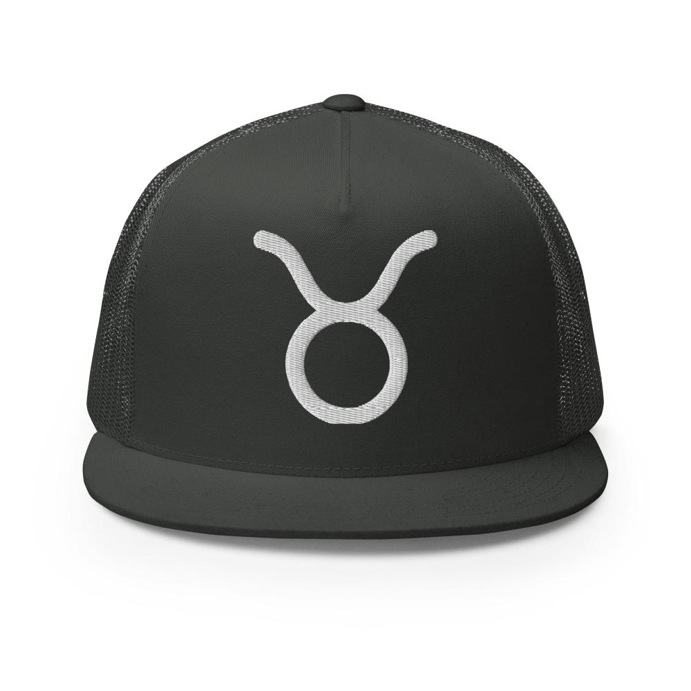 Taurus Zodiac Embroidered Flat Bill Trucker Hat - Charcoal Color - https://ascensionemporium.net