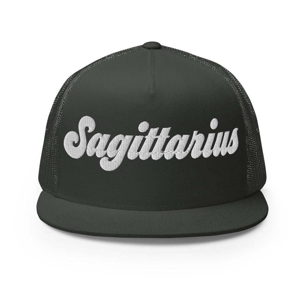 Sagittarius Zodiac Embroidered Flat Bill Trucker Hat - Charcoal Color - https://ascensionemporium.net