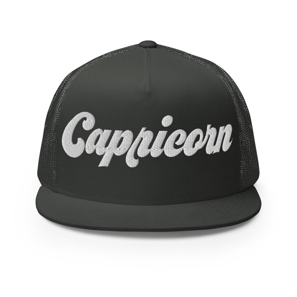 Capricorn Zodiac Embroidered Flat Bill Trucker Hat - Charcoal Color - https://ascensionemporium.net