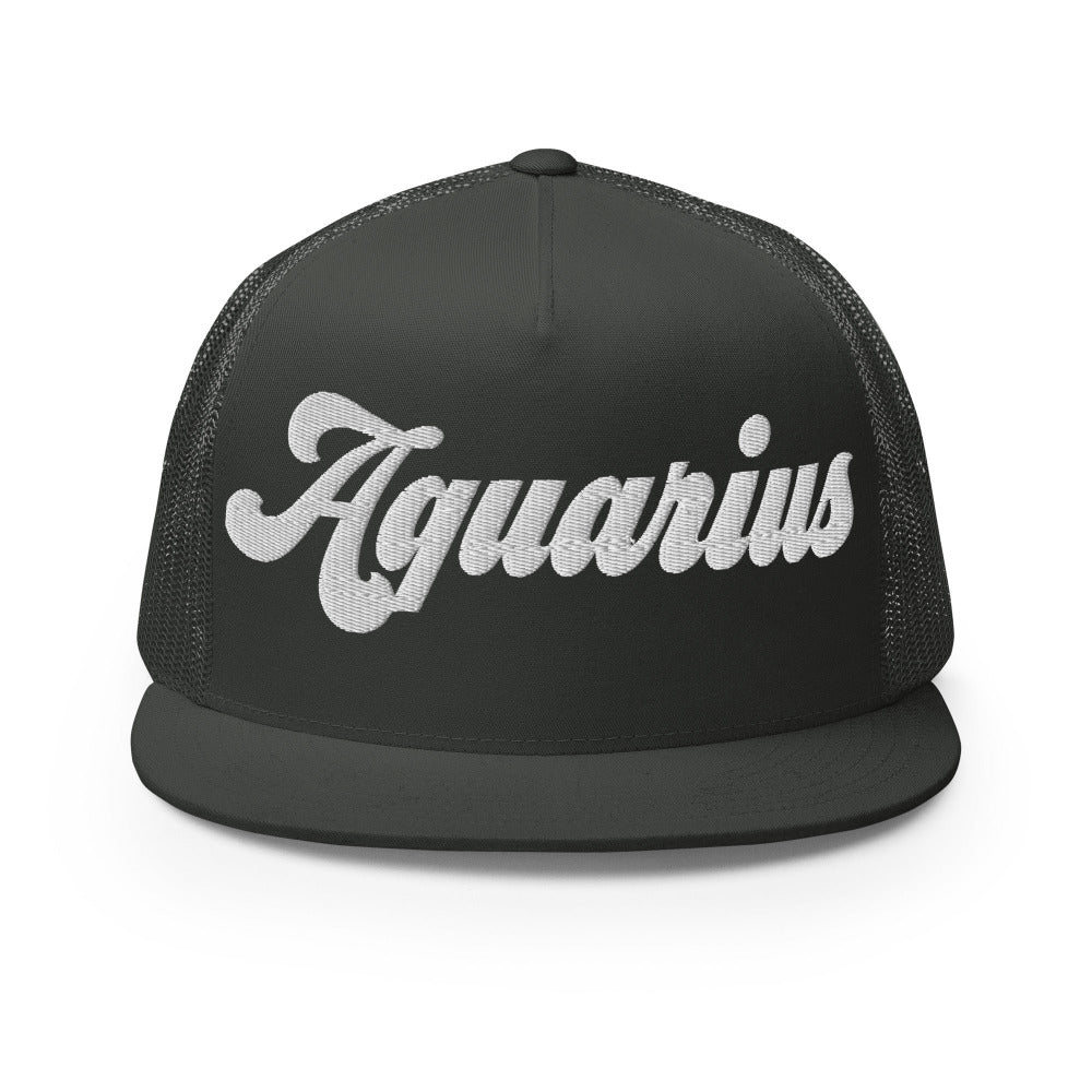 Aquarius Zodiac Embroidered Flat Bill Trucker Hat - Charcoal Color - https://ascensionemporium.net