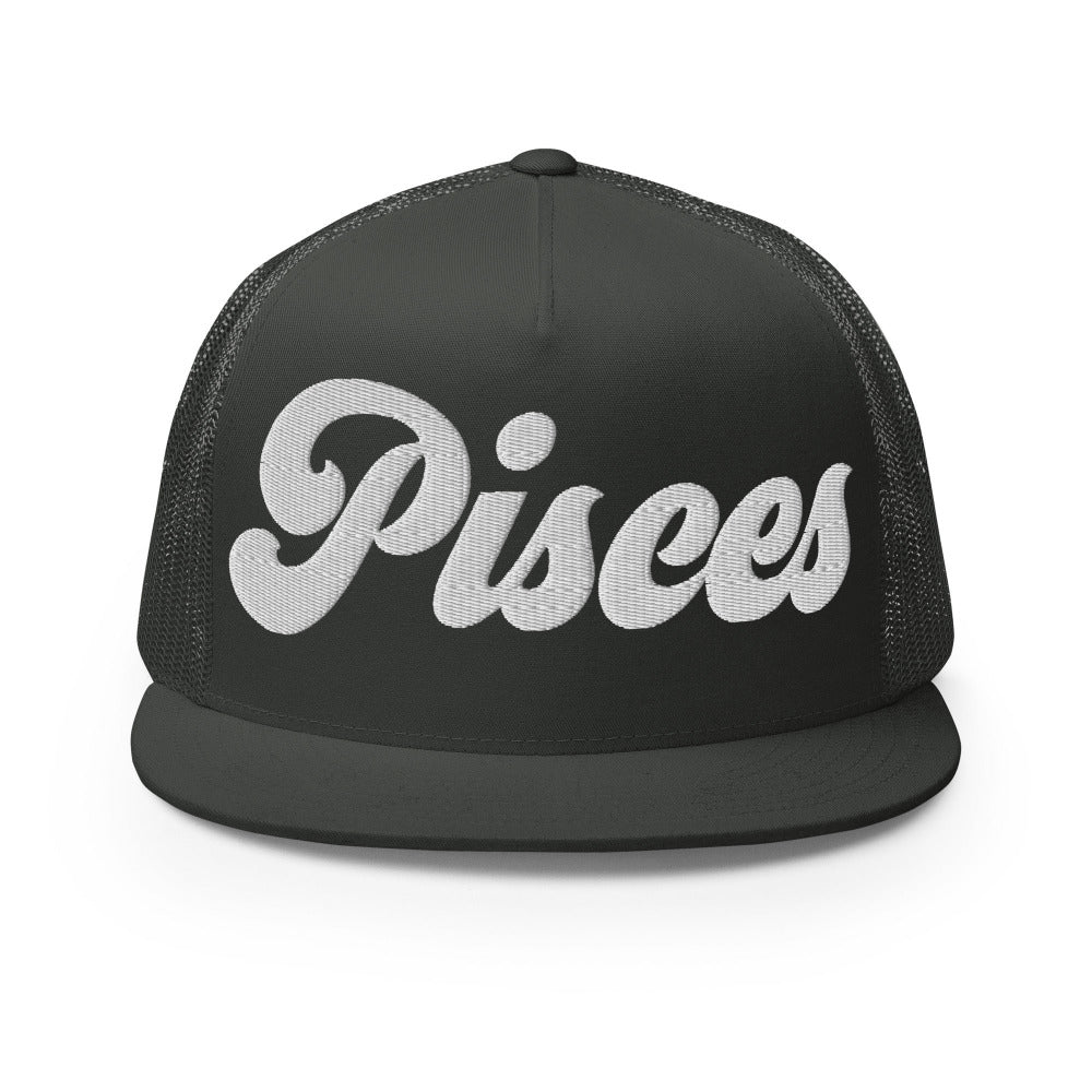 Pisces Zodiac Embroidered Flat Bill Trucker Hat - Charcoal Color - https://ascensionemporium.net
