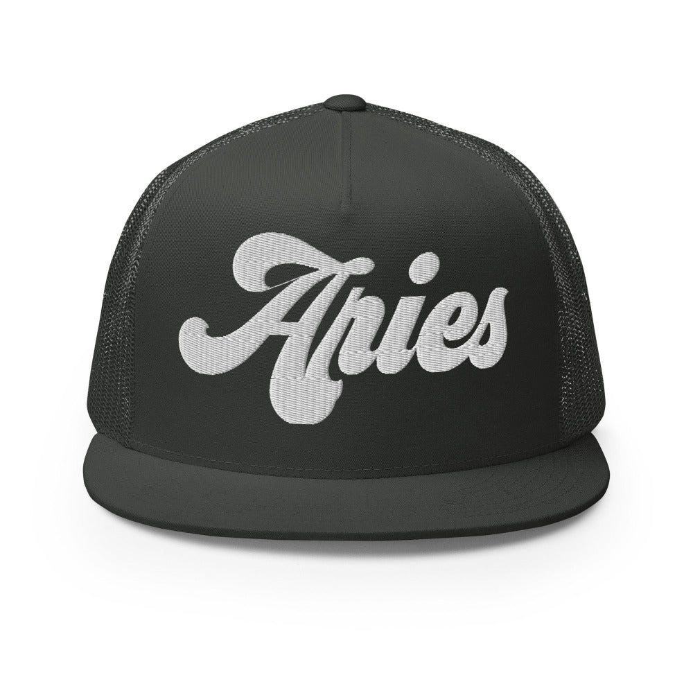 Aries Zodiac Embroidered Flat Bill Trucker Hat - Charcoal Color - https://ascensionemporium.net