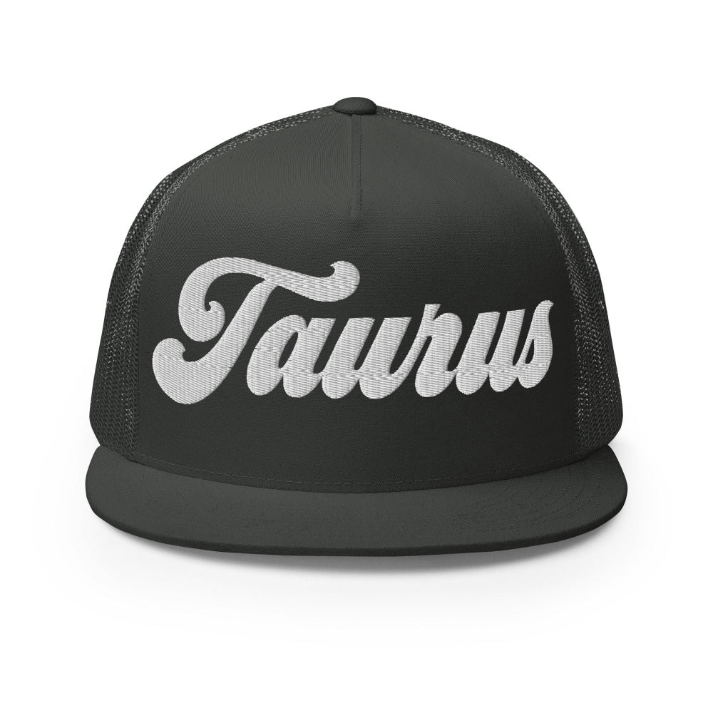 Taurus Zodiac Embroidered Flat Bill Trucker Hat - Charcoal Color - https://ascensionemporium.net