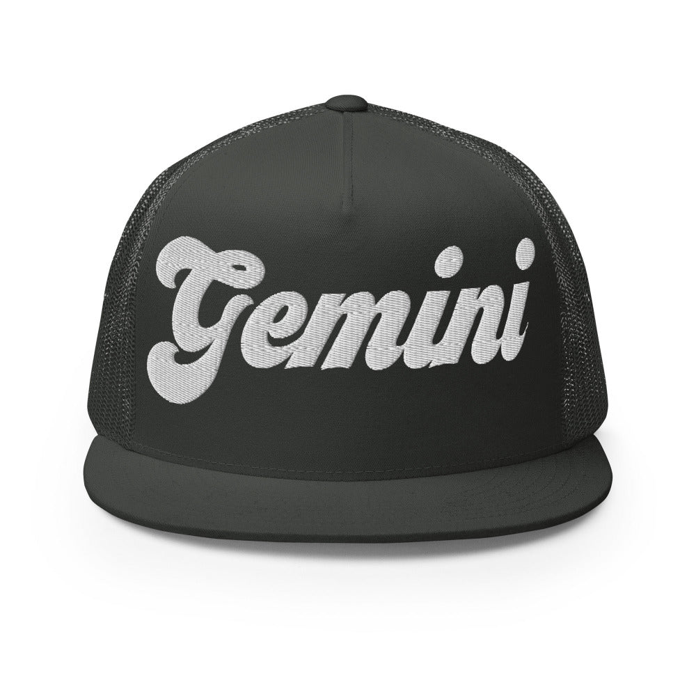 Gemini Zodiac Embroidered Flat Bill Trucker Hat - Charcoal Color - https://ascensionemporium.net