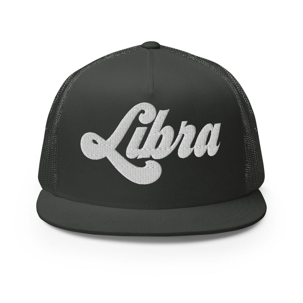 Libra Zodiac Embroidered Flat Bill Trucker Hat - Charcoal Color - https://ascensionemporium.net