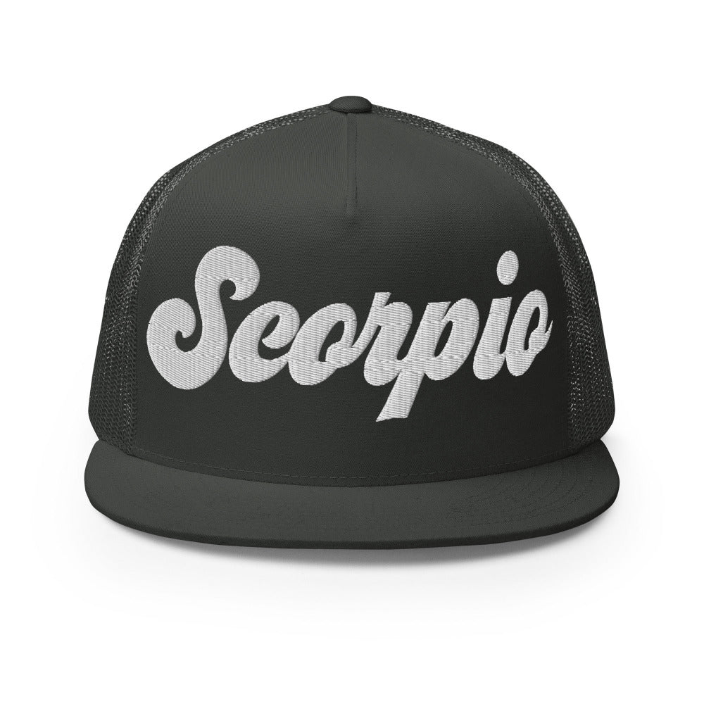 Scorpio Zodiac Embroidered Flat Bill Trucker Hat - Charcoal Color - https://ascensionemporium.net
