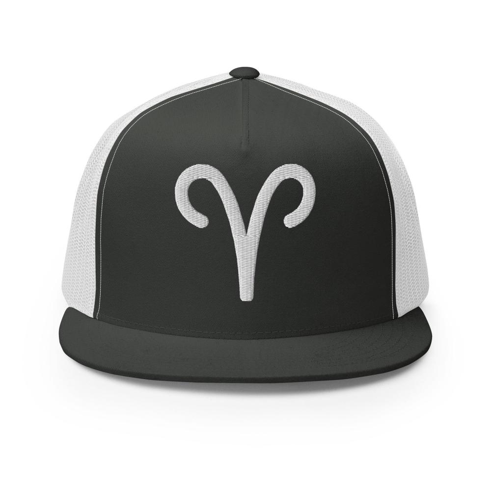 Aries Zodiac Embroidered Flat Bill Trucker Hat - Charcoal/White Color - https://ascensionemporium.net