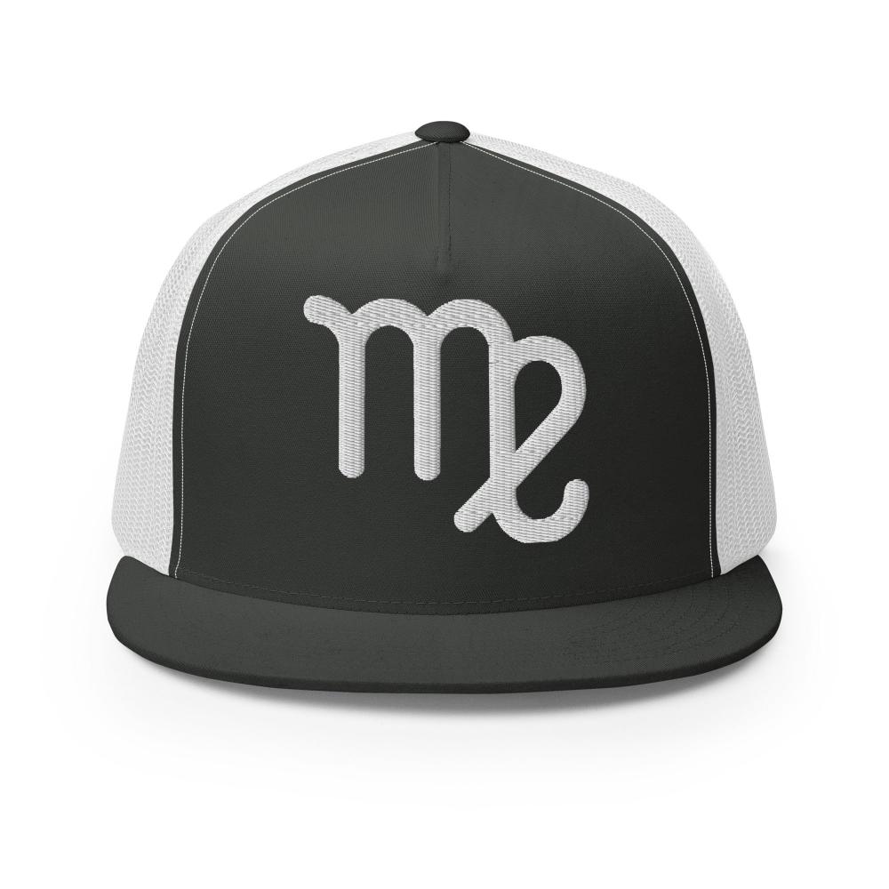 Virgo Zodiac Embroidered Flat Bill Trucker Hat - Charcoal/White Color - https://ascensionemporium.net