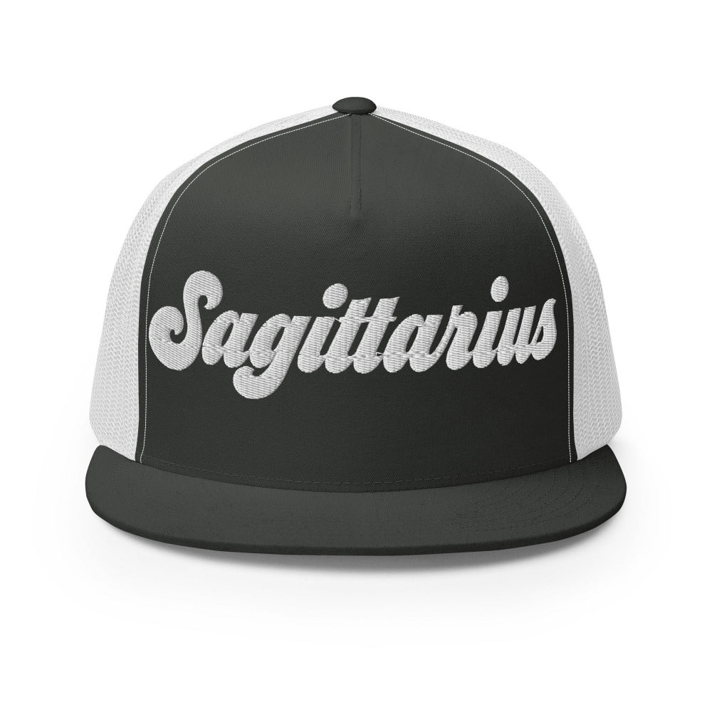 Sagittarius Zodiac Embroidered Flat Bill Trucker Hat - Charcoal/White Color - https://ascensionemporium.net
