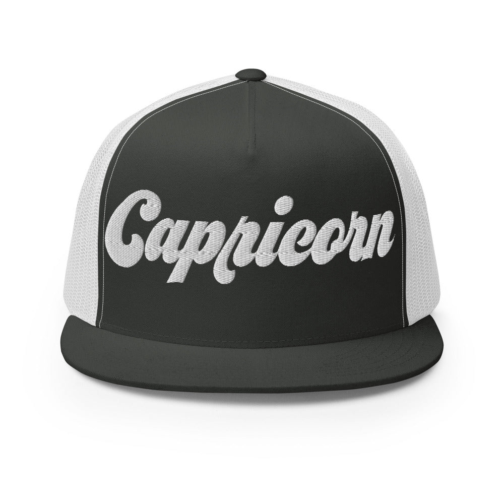 Capricorn Zodiac Embroidered Flat Bill Trucker Hat - Charcoal/White Color - https://ascensionemporium.net