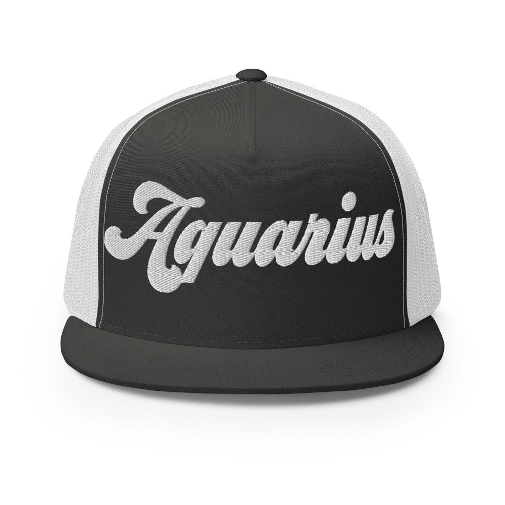Aquarius Zodiac Embroidered Flat Bill Trucker Hat - Charcoal/White Color - https://ascensionemporium.net