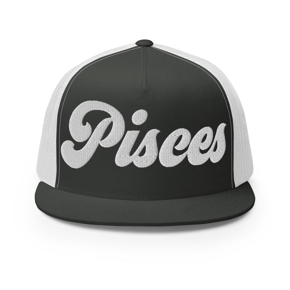Pisces Zodiac Embroidered Flat Bill Trucker Hat - Charcoal/White Color - https://ascensionemporium.net