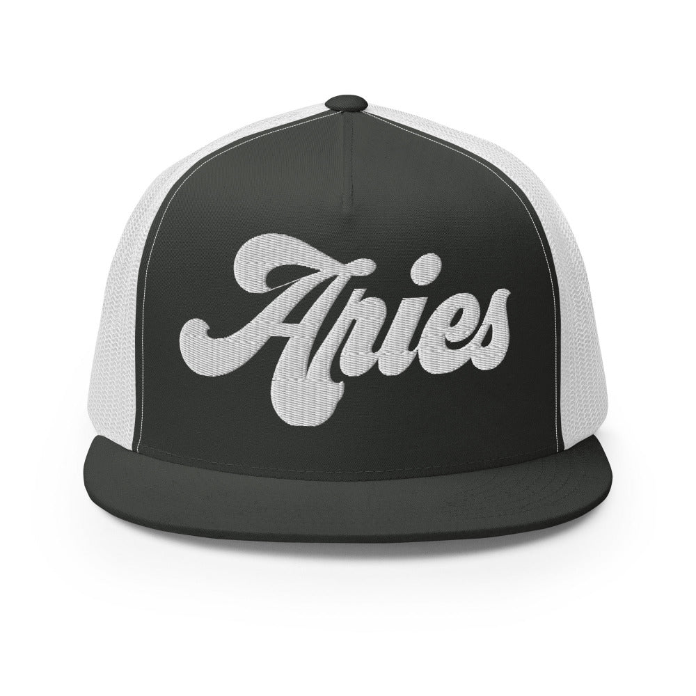 Aries Zodiac Embroidered Flat Bill Trucker Hat - Charcoal/White Color - https://ascensionemporium.net
