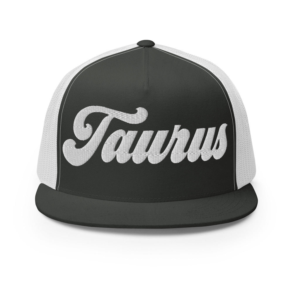 Taurus Zodiac Embroidered Flat Bill Trucker Hat - Charcoal/White Color - https://ascensionemporium.net