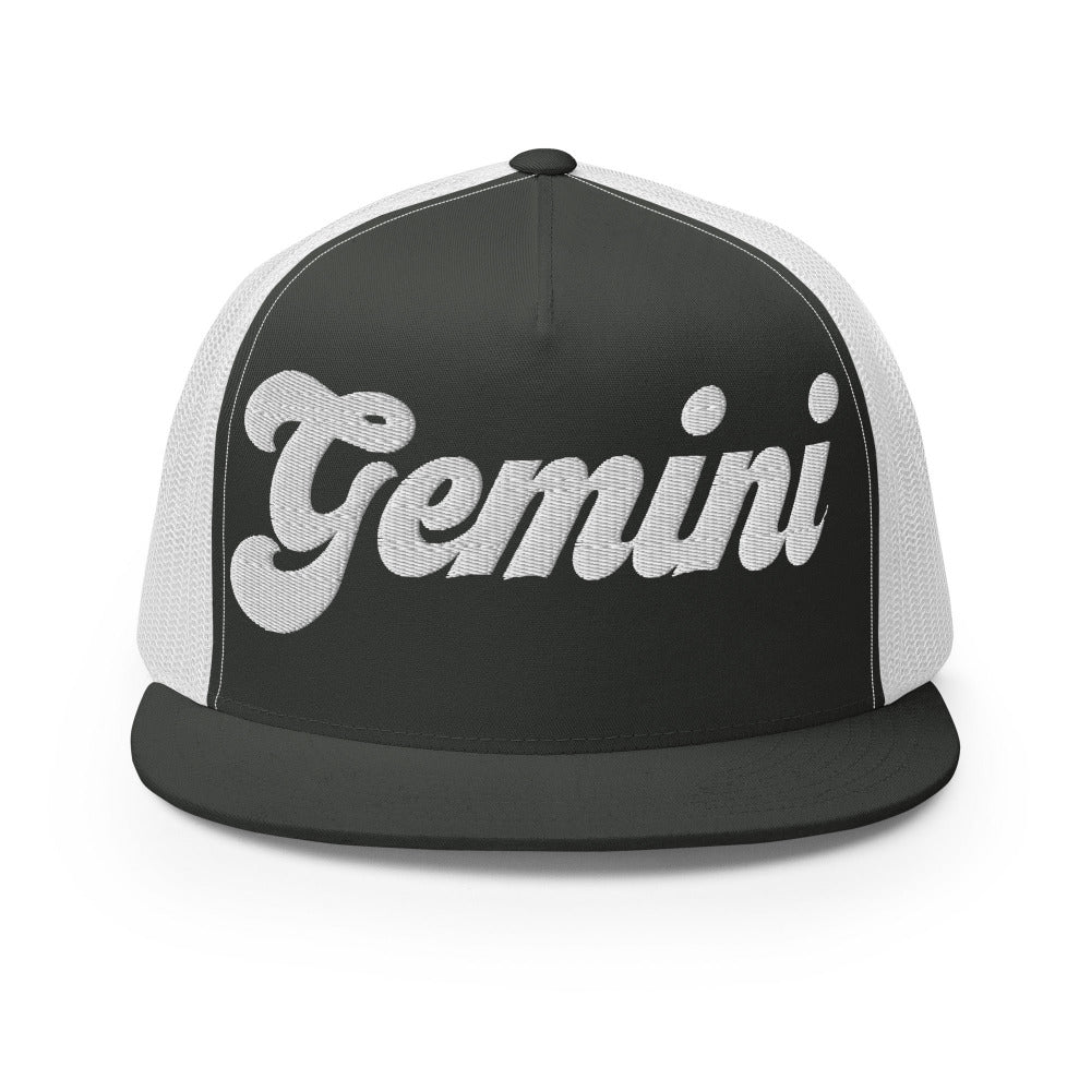 Gemini Zodiac Embroidered Flat Bill Trucker Hat - Charcoal/White Color - https://ascensionemporium.net