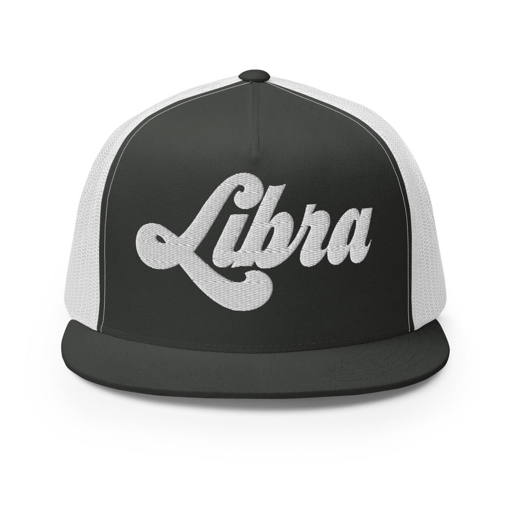 Libra Zodiac Embroidered Flat Bill Trucker Hat - Charcoal/White Color - https://ascensionemporium.net