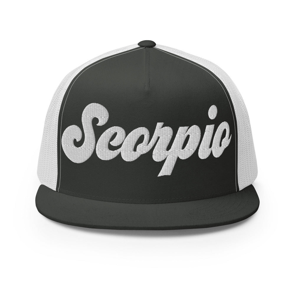 Scorpio Zodiac Embroidered Flat Bill Trucker Hat - Charcoal/White Color - https://ascensionemporium.net