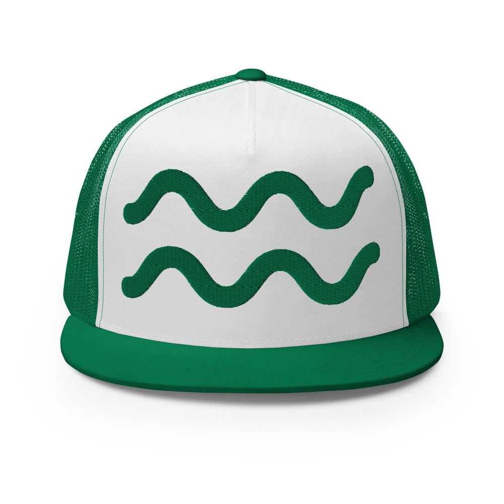 Aquarius Zodiac Embroidered Flat Bill Trucker Hat - Green/White/Green Color - https://ascensionemporium.net