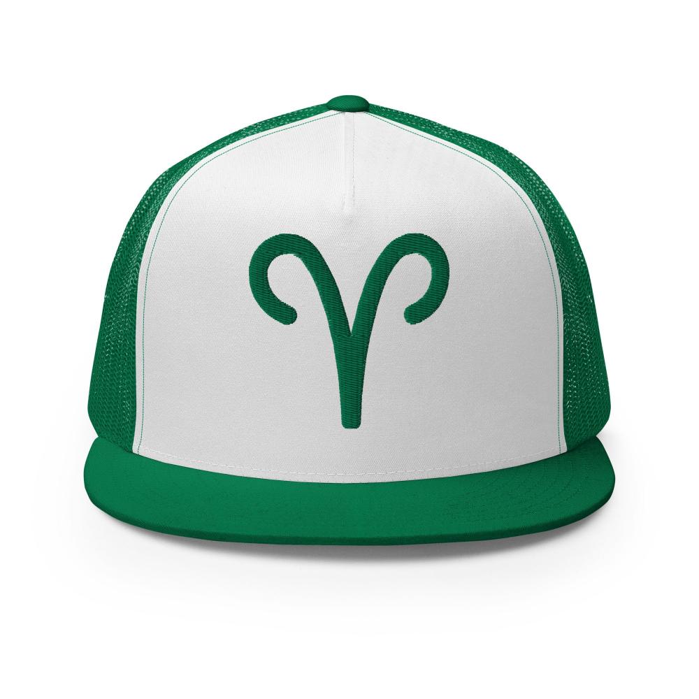 Aries Zodiac Embroidered Flat Bill Trucker Hat - Green/White/Green Color - https://ascensionemporium.net