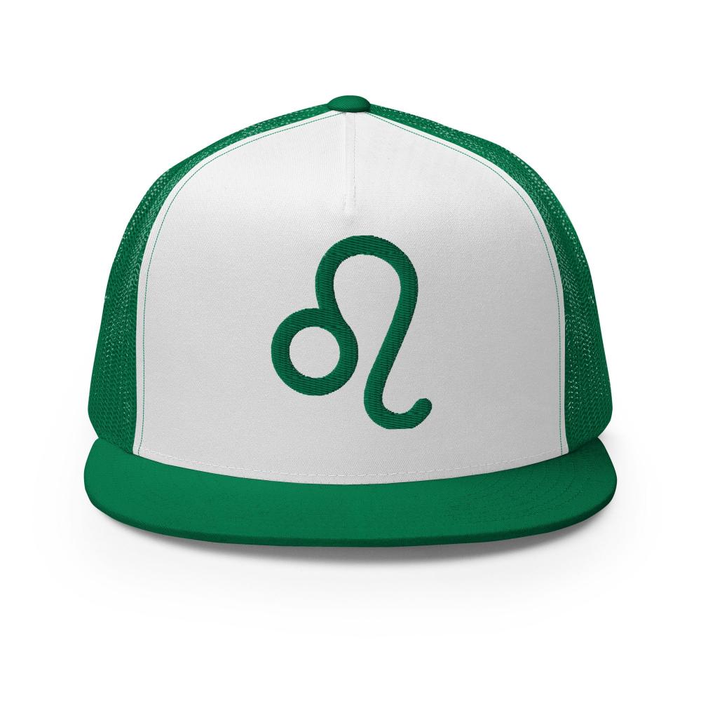 Leo Zodiac Embroidered Flat Bill Trucker Hat - Green/White/Green Color - https://ascensionemporium.net