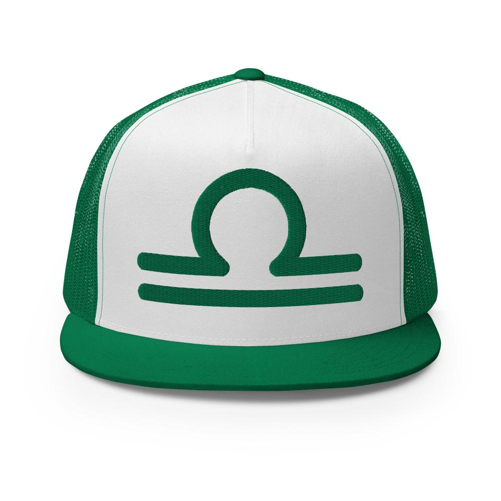 Libra Zodiac Embroidered Flat Bill Trucker Hat -Green/White/Green Color - https://ascensionemporium.net