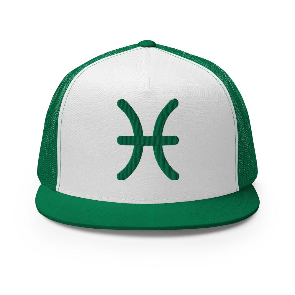 Pisces Zodiac Embroidered Flat Bill Trucker Hat - Green/White/Green Color - https://ascensionemporium.net