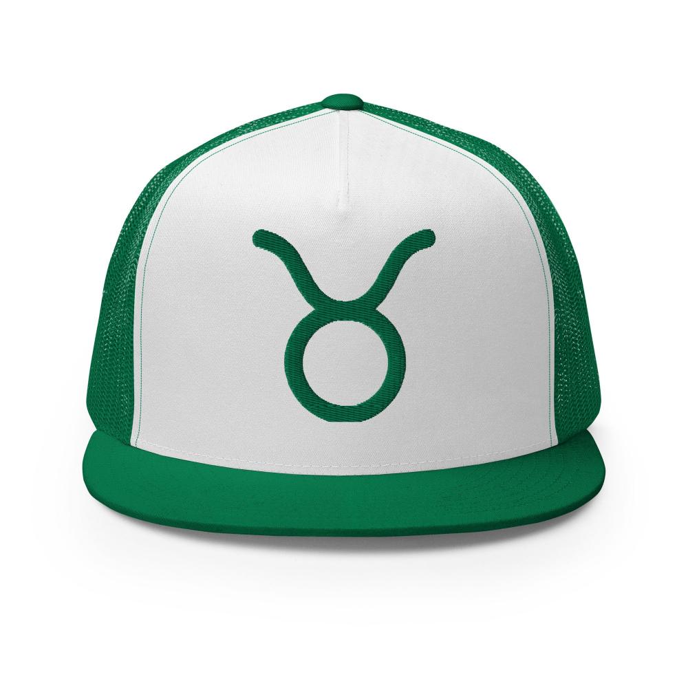 Taurus Zodiac Embroidered Flat Bill Trucker Hat - Green/White/Green Color - https://ascensionemporium.net