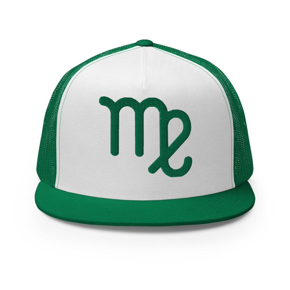 Virgo Zodiac Embroidered Flat Bill Trucker Hat - Green/White/Green Color - https://ascensionemporium.net