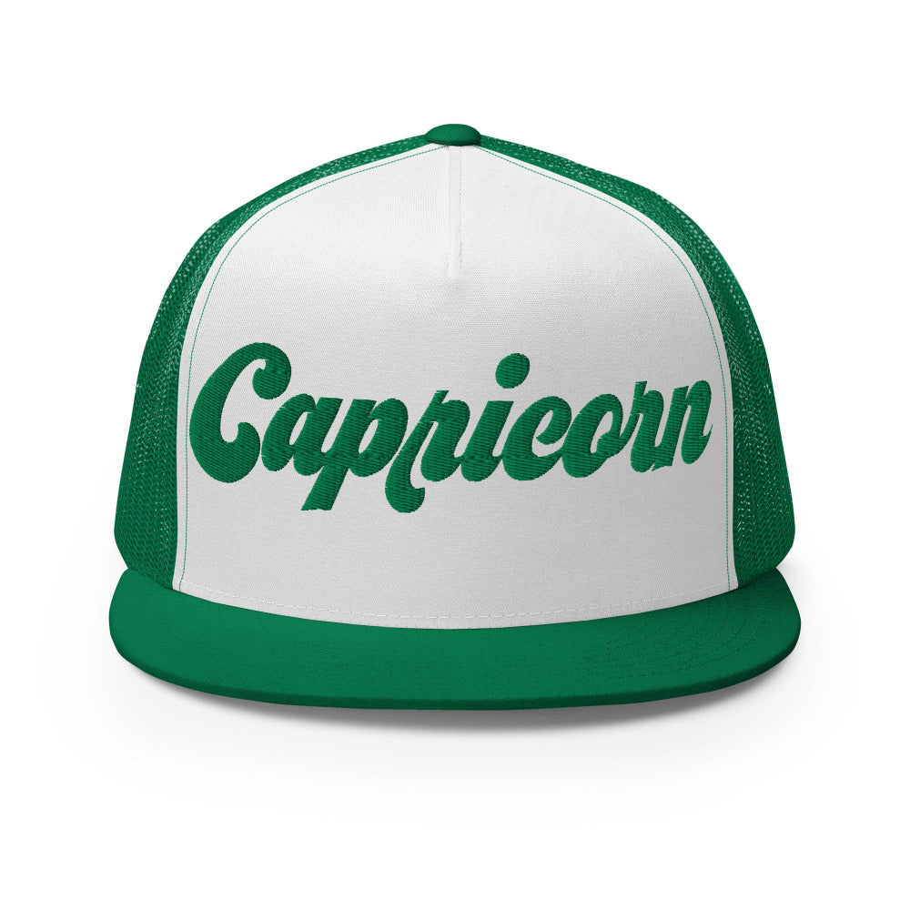 Capricorn Zodiac Embroidered Flat Bill Trucker Hat - Kelly/White/Kelly Color - https://ascensionemporium.net