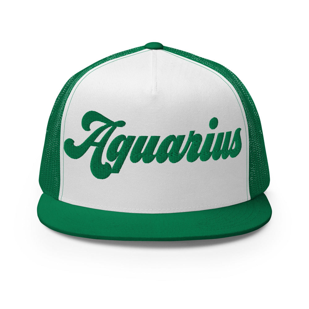 Aquarius Zodiac Embroidered Flat Bill Trucker Hat - Kelly/White/Kelly Color - https://ascensionemporium.net