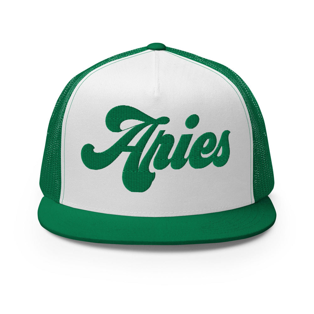 Aries Zodiac Embroidered Flat Bill Trucker Hat - Kelly/White/Kelly Color - https://ascensionemporium.net