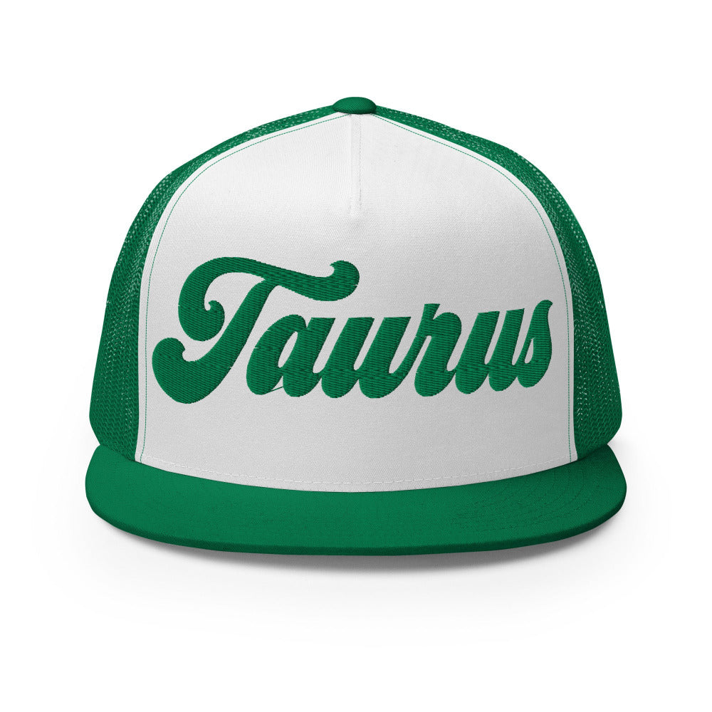 Taurus Zodiac Embroidered Flat Bill Trucker Hat - Kelly/White/Kelly Color - https://ascensionemporium.net