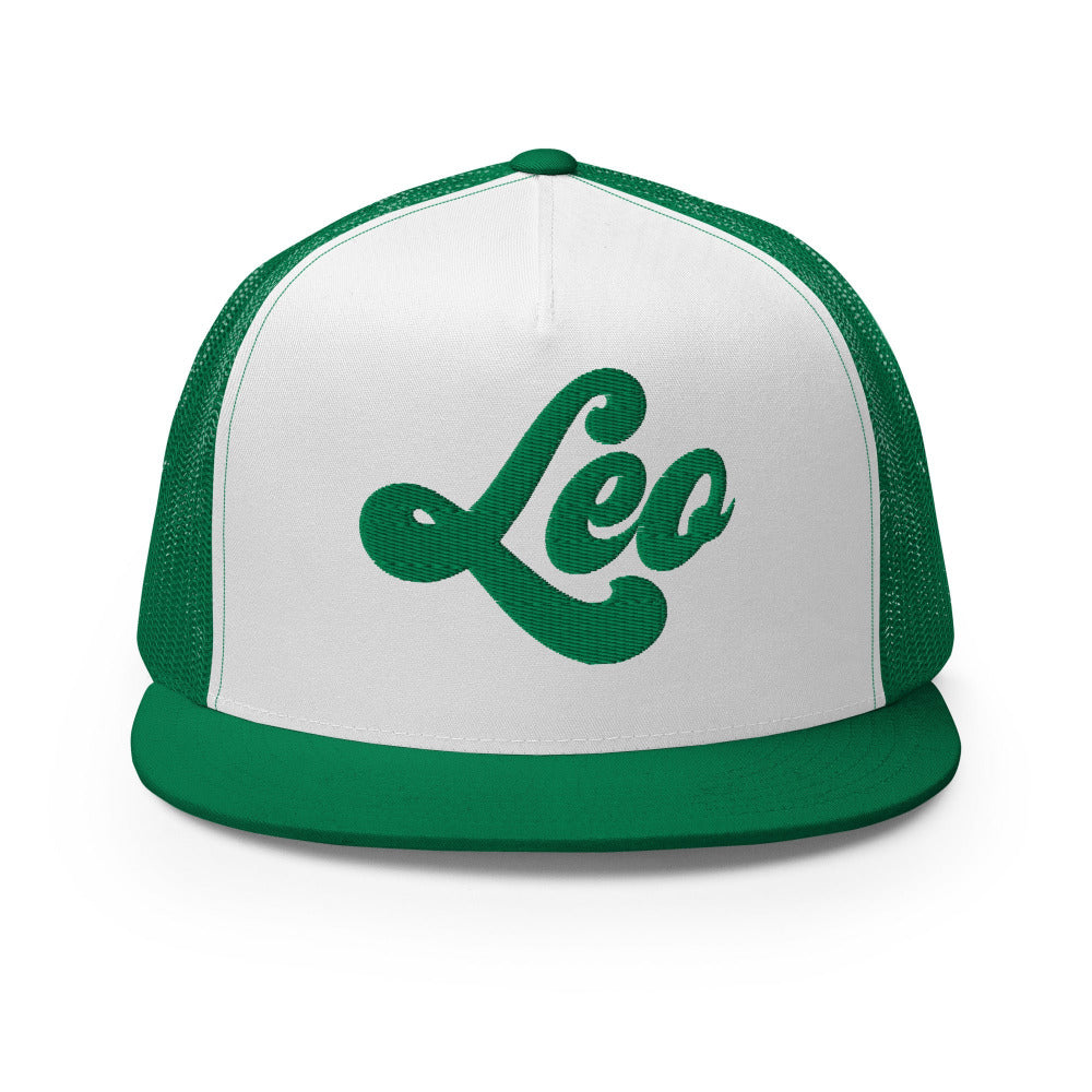 Leo Zodiac Embroidered Flat Bill Trucker Hat - Kelly/White/Kelly Color - https://ascensionemporium.net