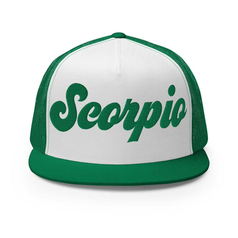 Scorpio Zodiac Embroidered Flat Bill Trucker Hat - Kelly/White/Kelly Color - https://ascensionemporium.net