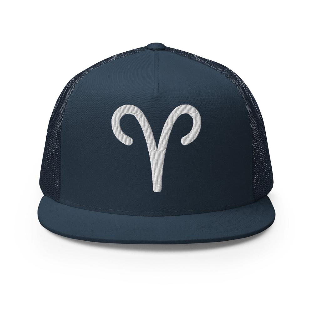 Aries Zodiac Embroidered Flat Bill Trucker Hat - Navy Color - https://ascensionemporium.net