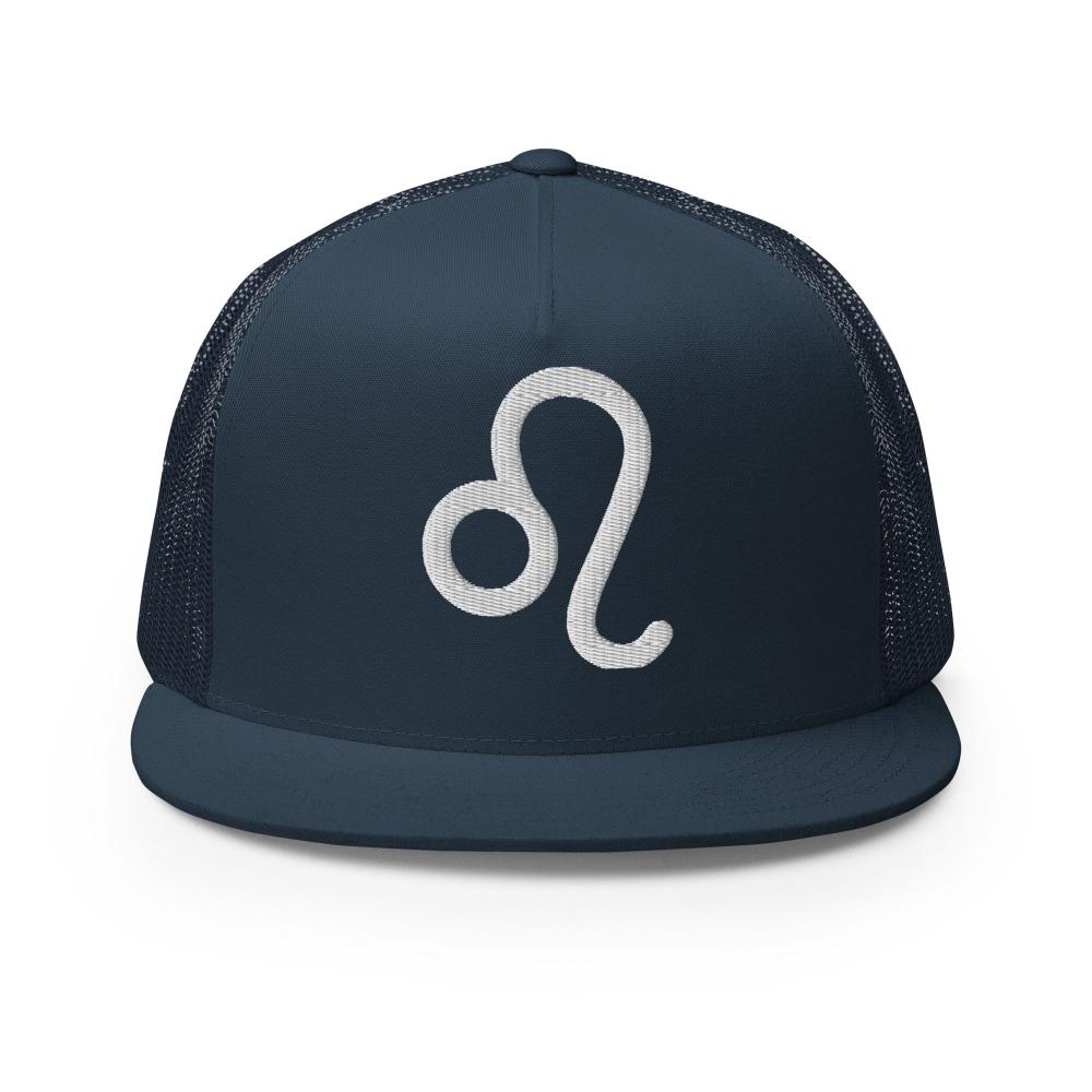 Leo Zodiac Embroidered Flat Bill Trucker Hat - Navy Color - https://ascensionemporium.net