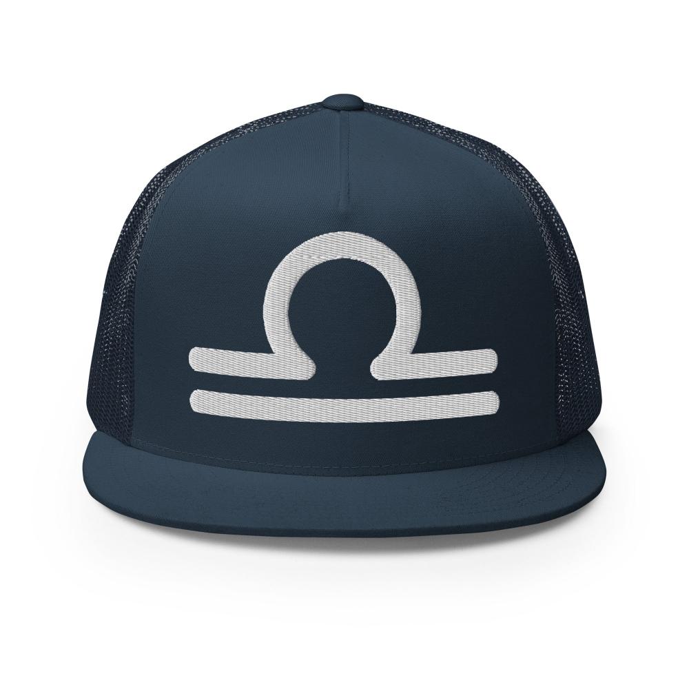 Libra Zodiac Embroidered Flat Bill Trucker Hat - Navy Color - https://ascensionemporium.net