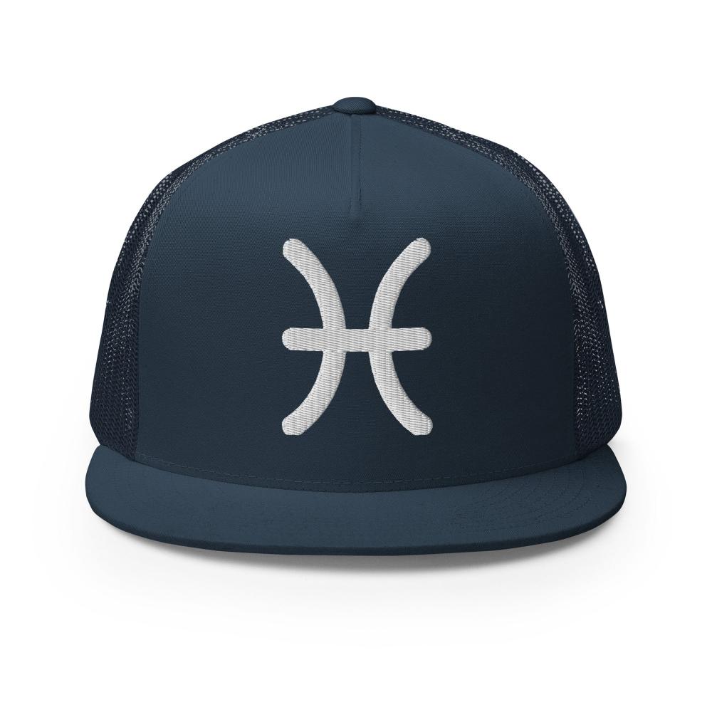 Pisces Zodiac Embroidered Flat Bill Trucker Hat - Navy Color - https://ascensionemporium.net