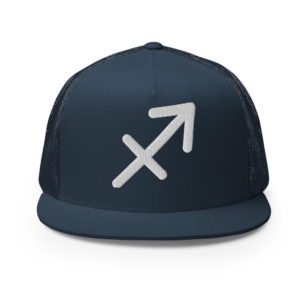 Sagittarius Zodiac Embroidered Flat Bill Trucker Hat - Navy Color - https://ascensionemporium.net