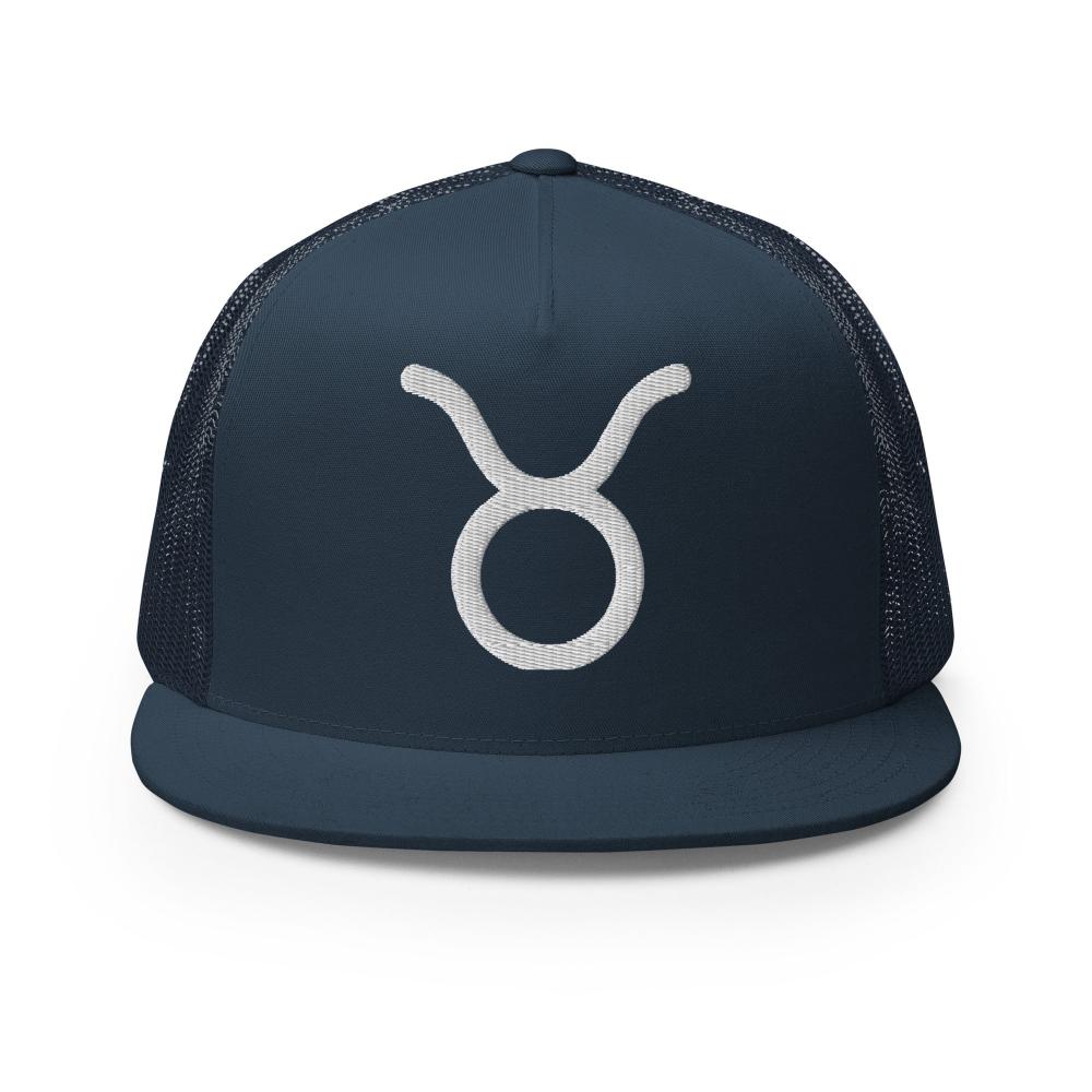 Taurus Zodiac Embroidered Flat Bill Trucker Hat - Navy Color - https://ascensionemporium.net