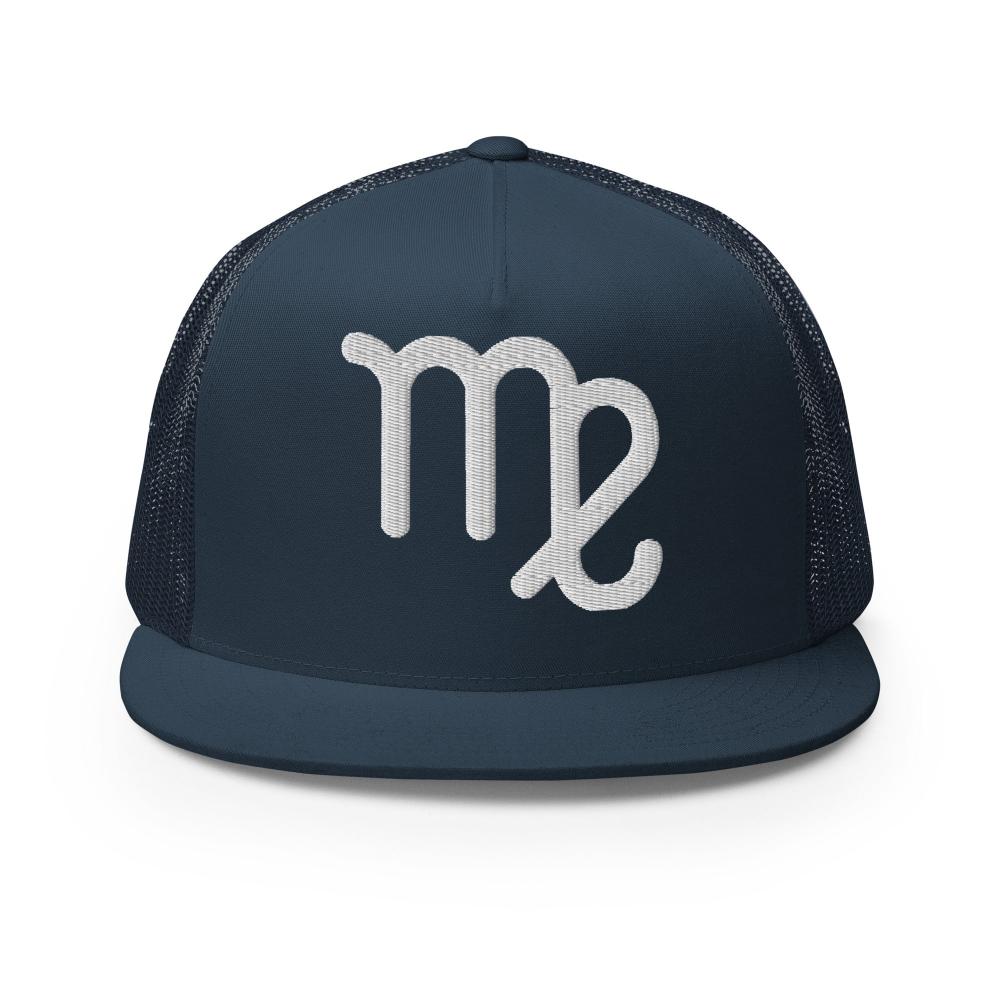 Virgo Zodiac Embroidered Flat Bill Trucker Hat - Navy Color - https://ascensionemporium.net