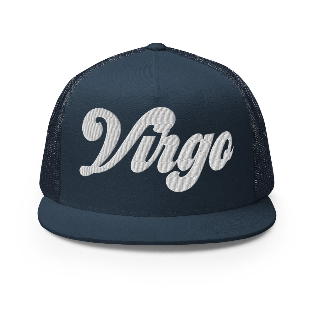 Virgo Zodiac Embroidered Flat Bill Trucker Hat - Navy Color - https://ascensionemporium.net