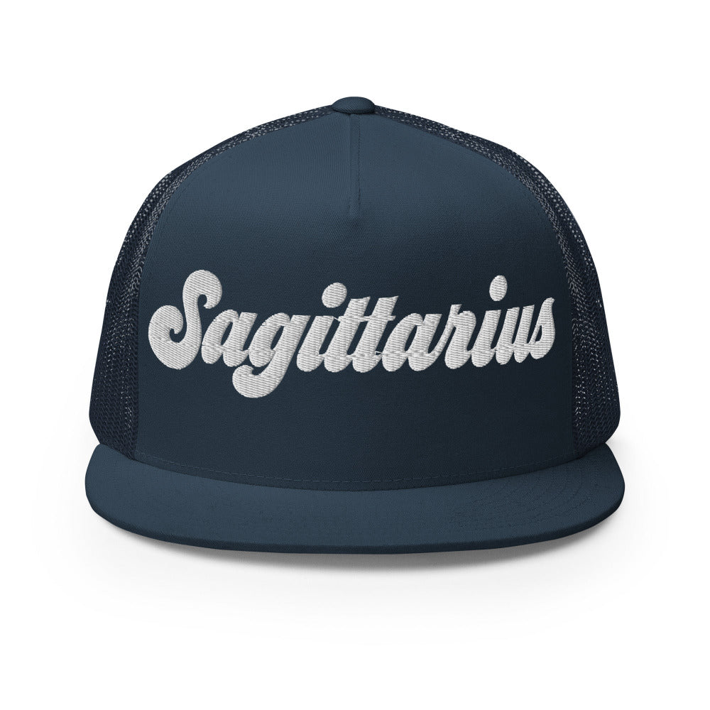 Sagittarius Zodiac Embroidered Flat Bill Trucker Hat - Navy Color - https://ascensionemporium.net