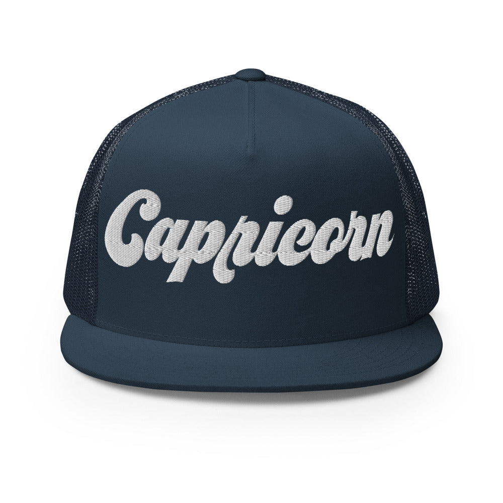 Capricorn Zodiac Embroidered Flat Bill Trucker Hat - Navy Color - https://ascensionemporium.net